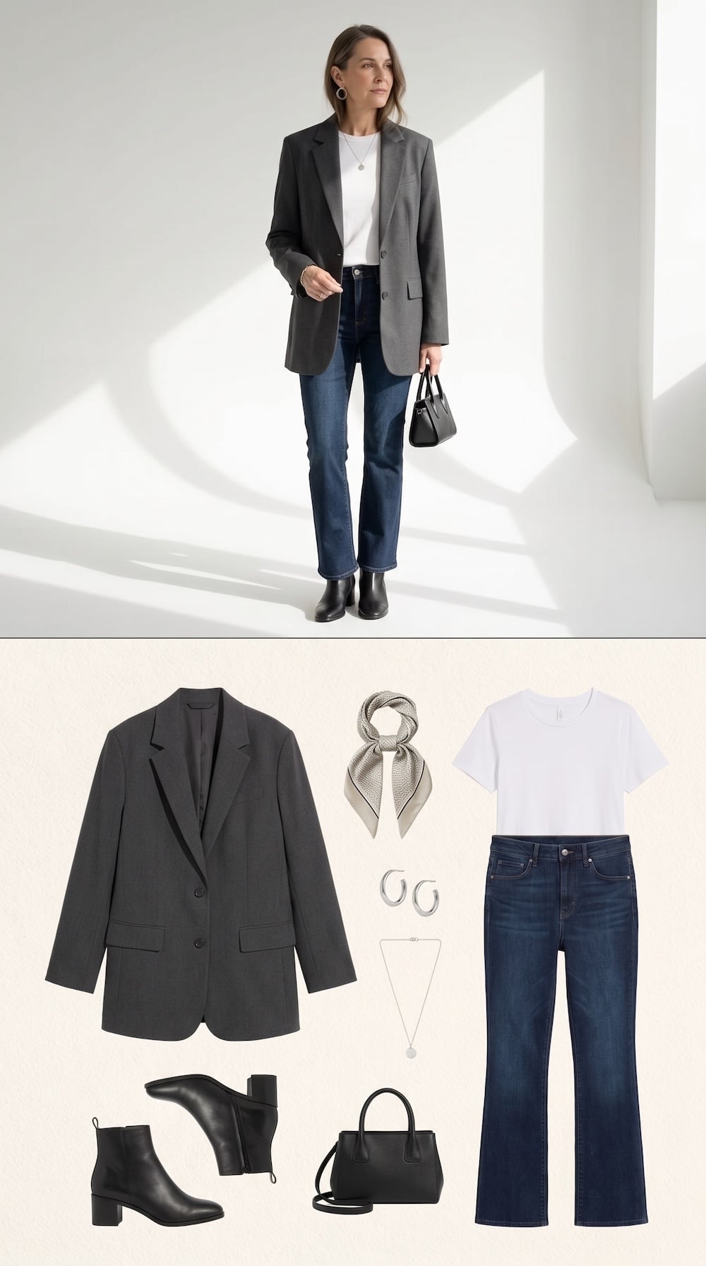 Gray oversized blazer with cropped bootcut jeans and black ankle boots