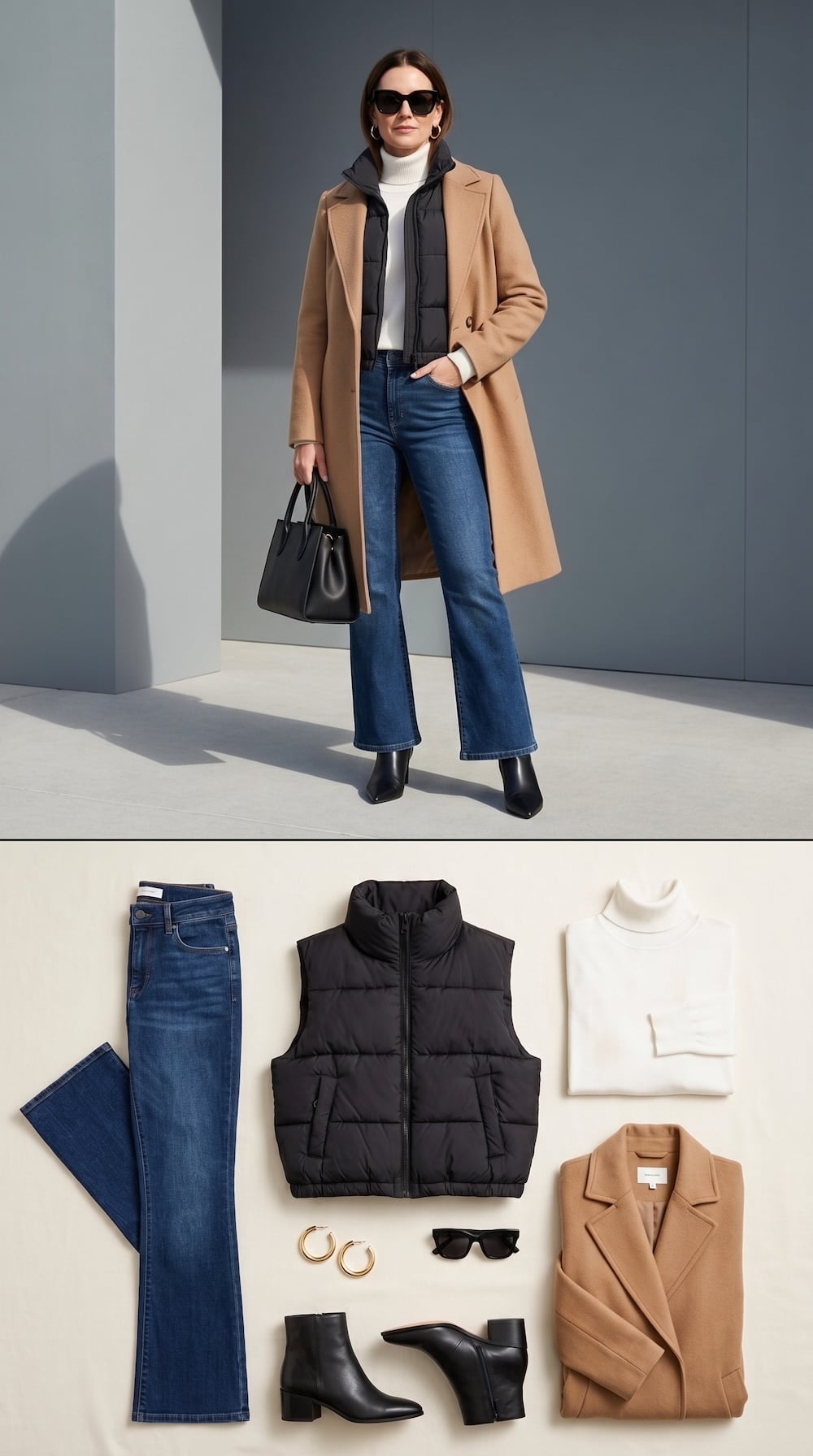 Black puffer vest layered with camel coat and bootcut jeans