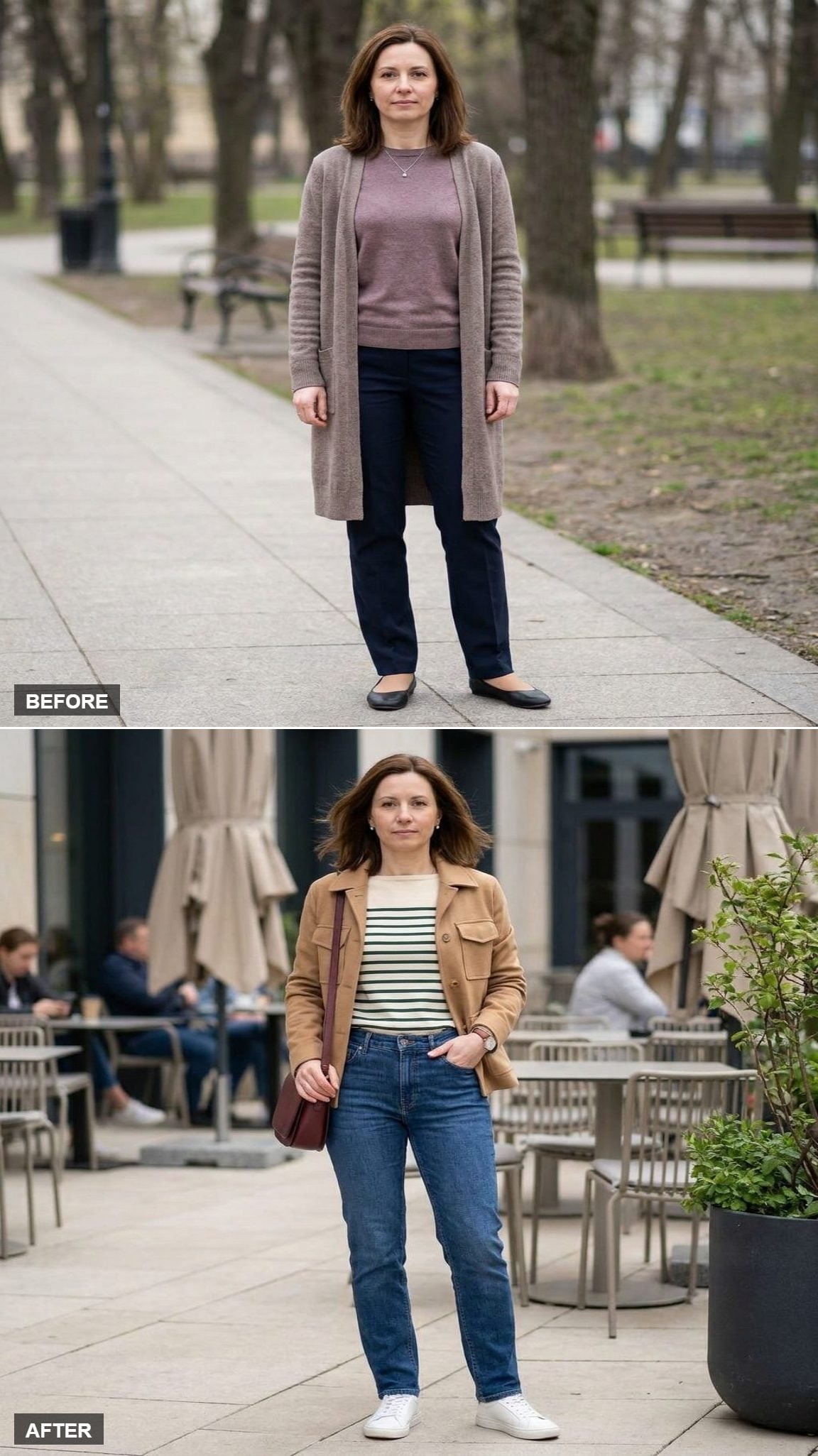 Breton Knit, Camel Utility Jacket, and Indigo Slim-Straight Jeans at a Modern Café Terrace