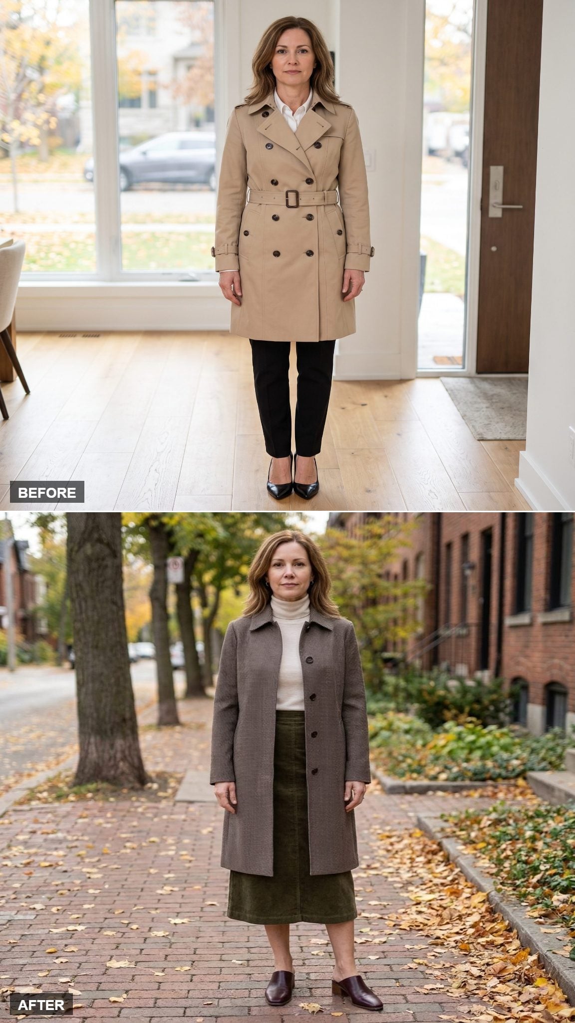 Brown-and-Charcoal Micro-Check Trench, Olive Corduroy Skirt, and Burgundy Leather Mules