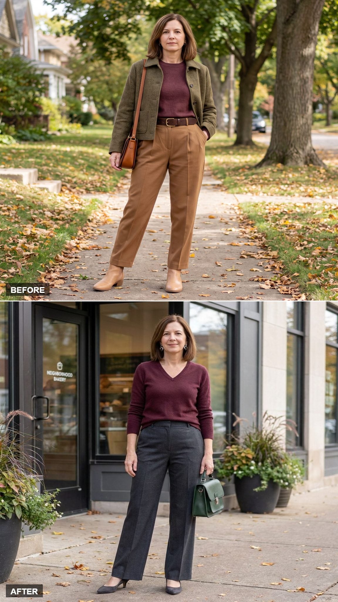 Burgundy Cashmere V-Neck and Charcoal Wide-Leg Trousers That Drop the Visual Waist