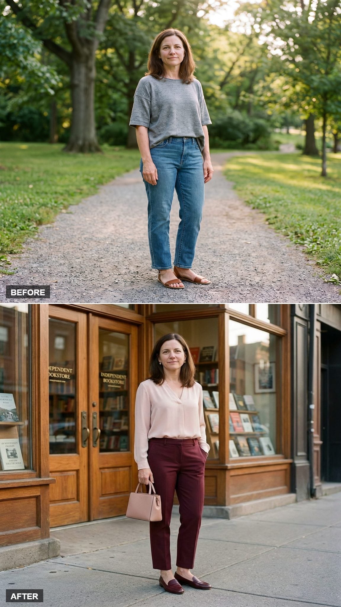 Burgundy Cigarette Pants, a Blush Silk-Blend Blouse, and Tonal Loafers That Erase the Ankle Break
