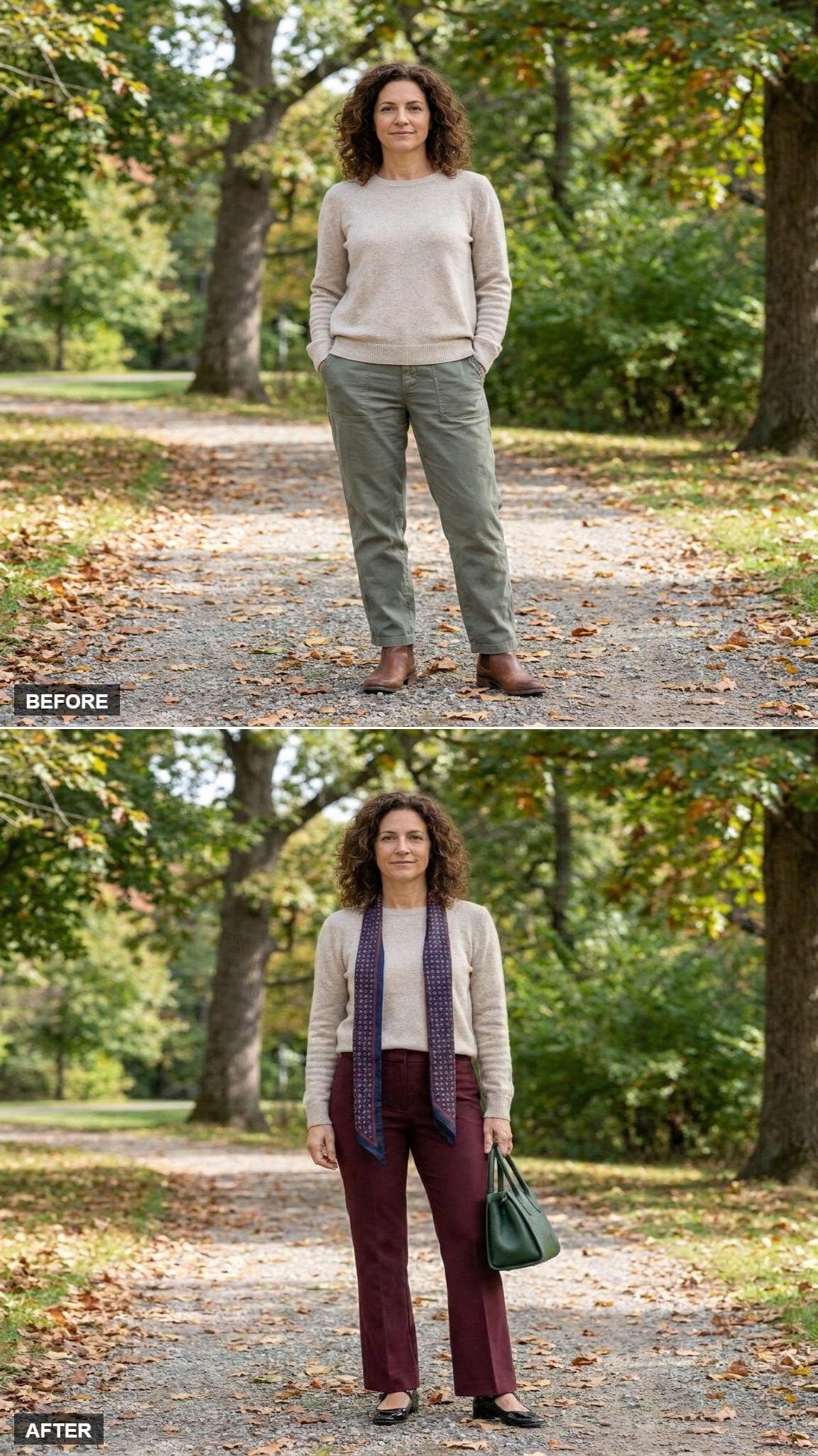 Burgundy Flared Trousers, a Vertical Silk Scarf, and Zero Tucking Required