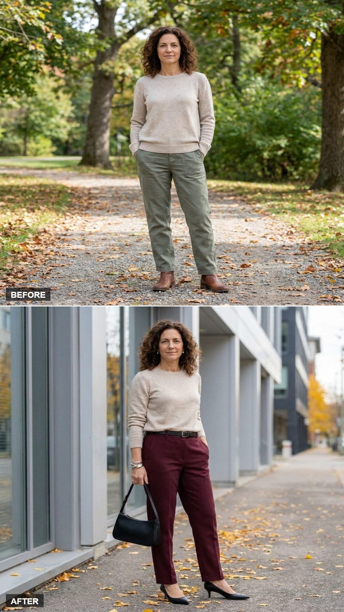 Burgundy High-Rise Tailored Trousers and a Full Tuck That Doesn't Pretend the Sweater Disappeared