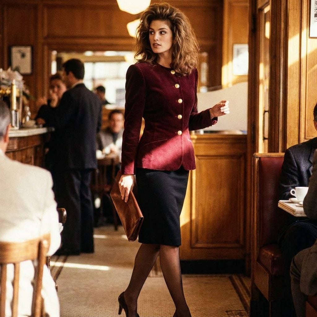 Burgundy jacket worn open over a black top and pencil skirt