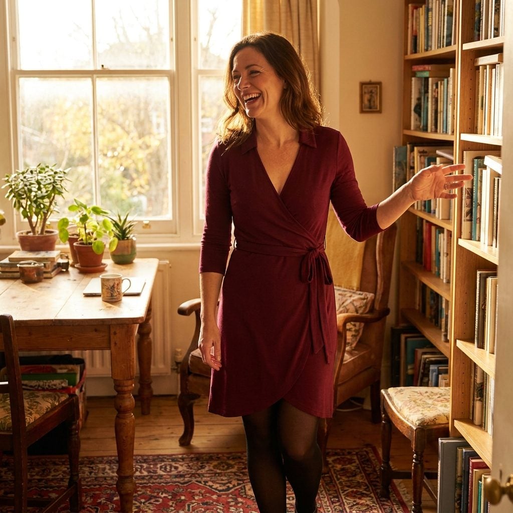 Burgundy Jersey Wrap Dress in Tonal Hosiery