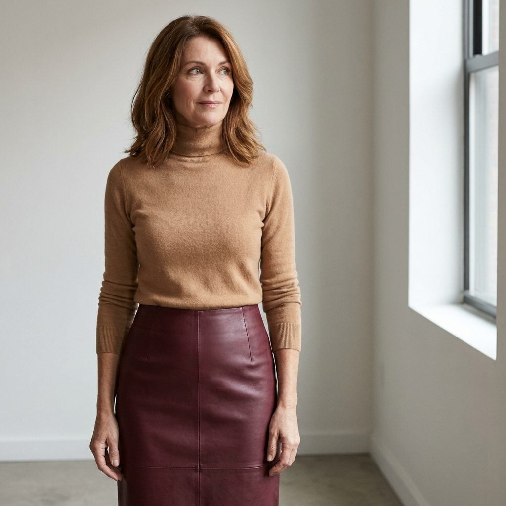 Burgundy Leather Straight Skirt With Camel Turtleneck