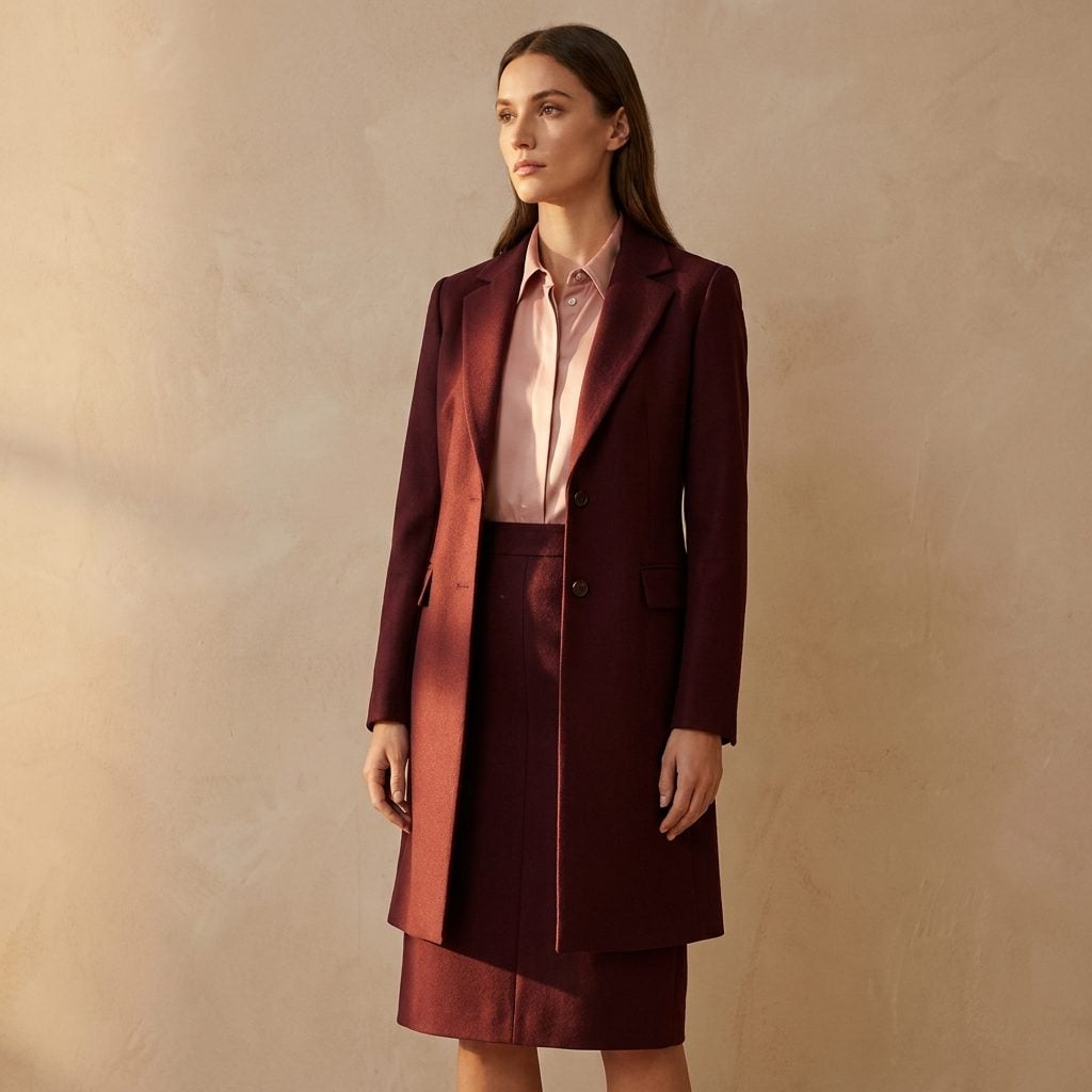 Burgundy Longline Blazer, Matching Skirt, and a Blush Blouse