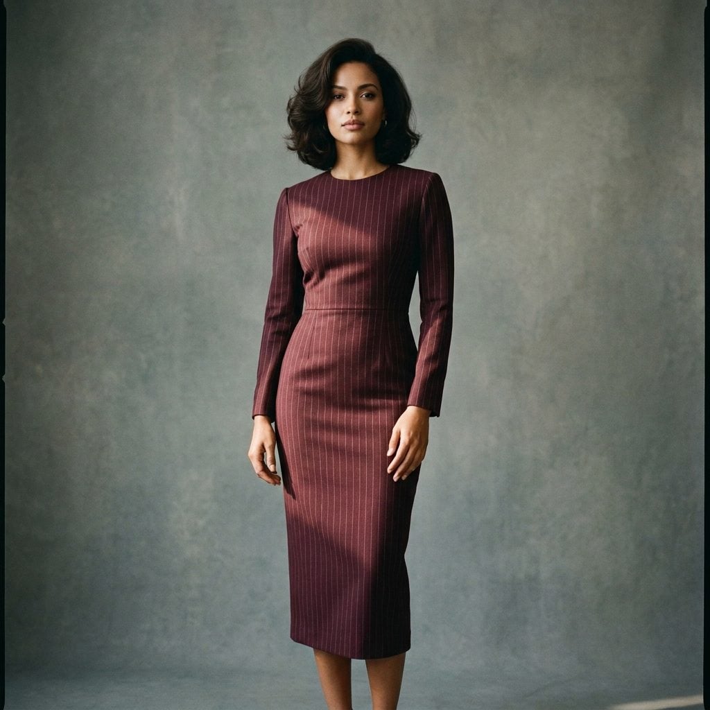 Burgundy Pinstripe Dress with Black Pumps