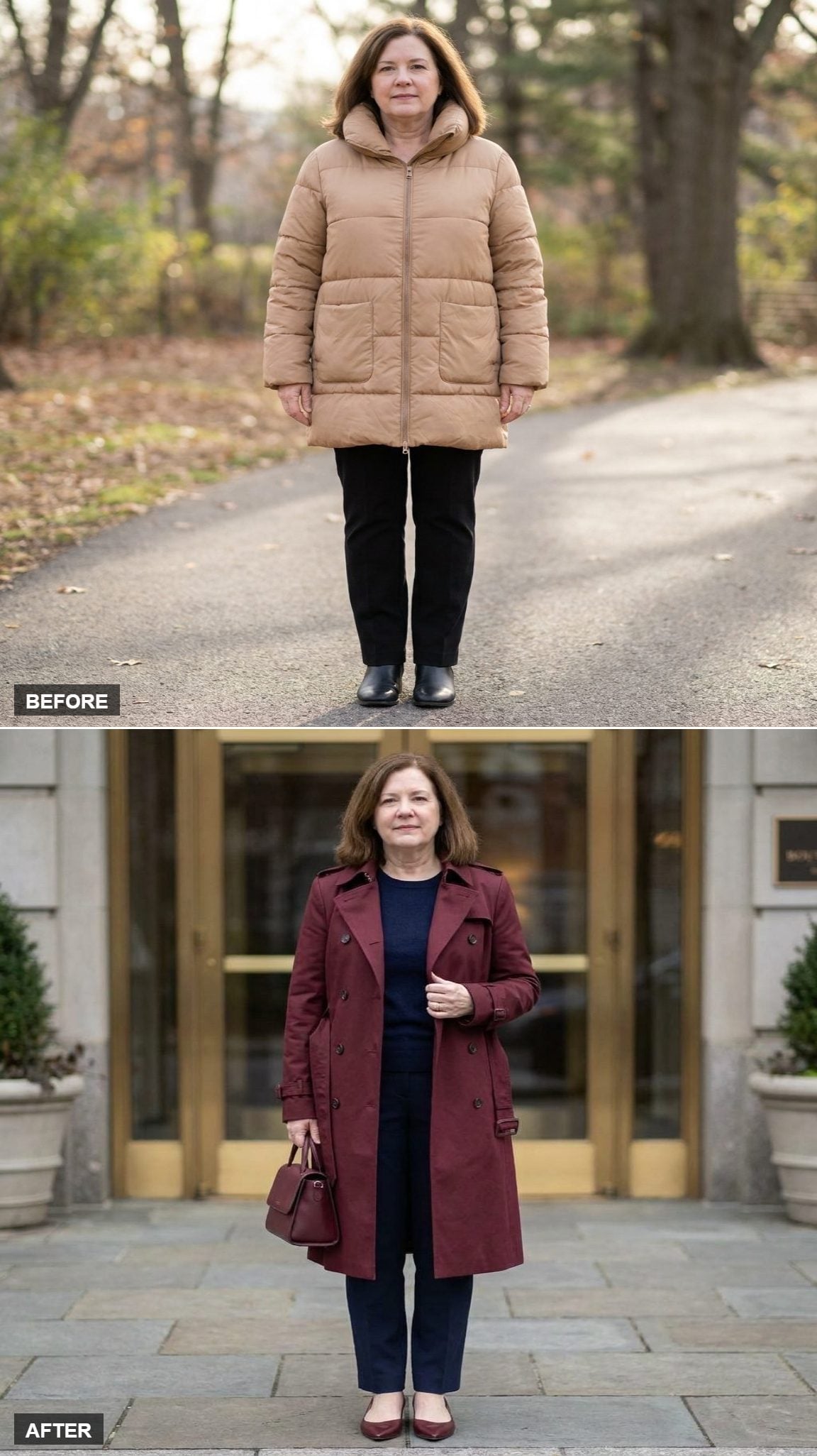 Burgundy Structured Trench at a Boutique-Hotel Entrance, Belt Tied Loosely at the Side