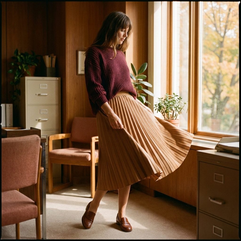 Burgundy Sweater Tucked Into a Camel Knife-Pleated Midi