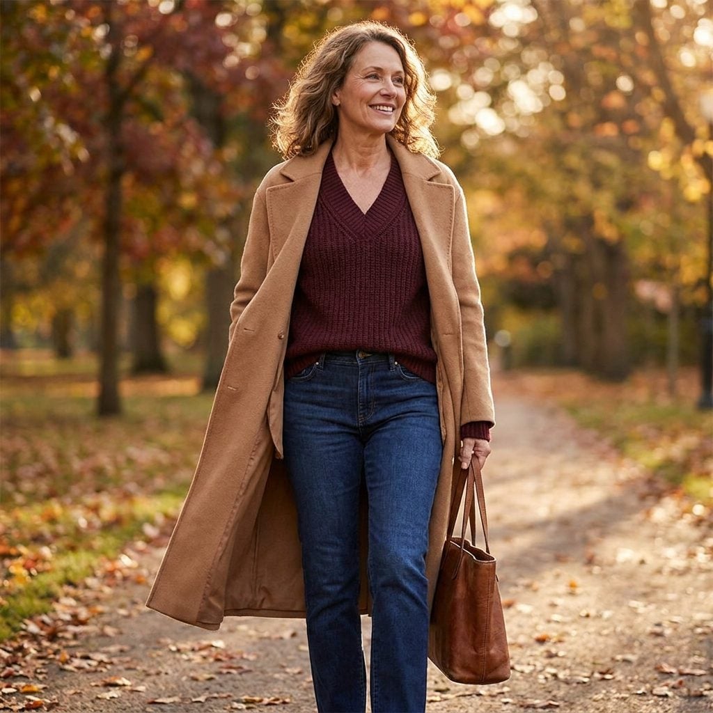 Burgundy V-Neck Knit, Dark Straight Jeans, and Camel Coat Worn Open