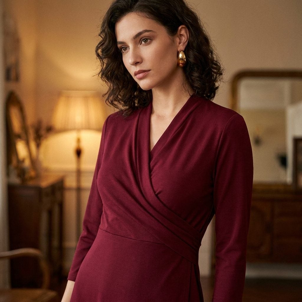 Burgundy wrap dress with a V-neck and diagonal waist draping