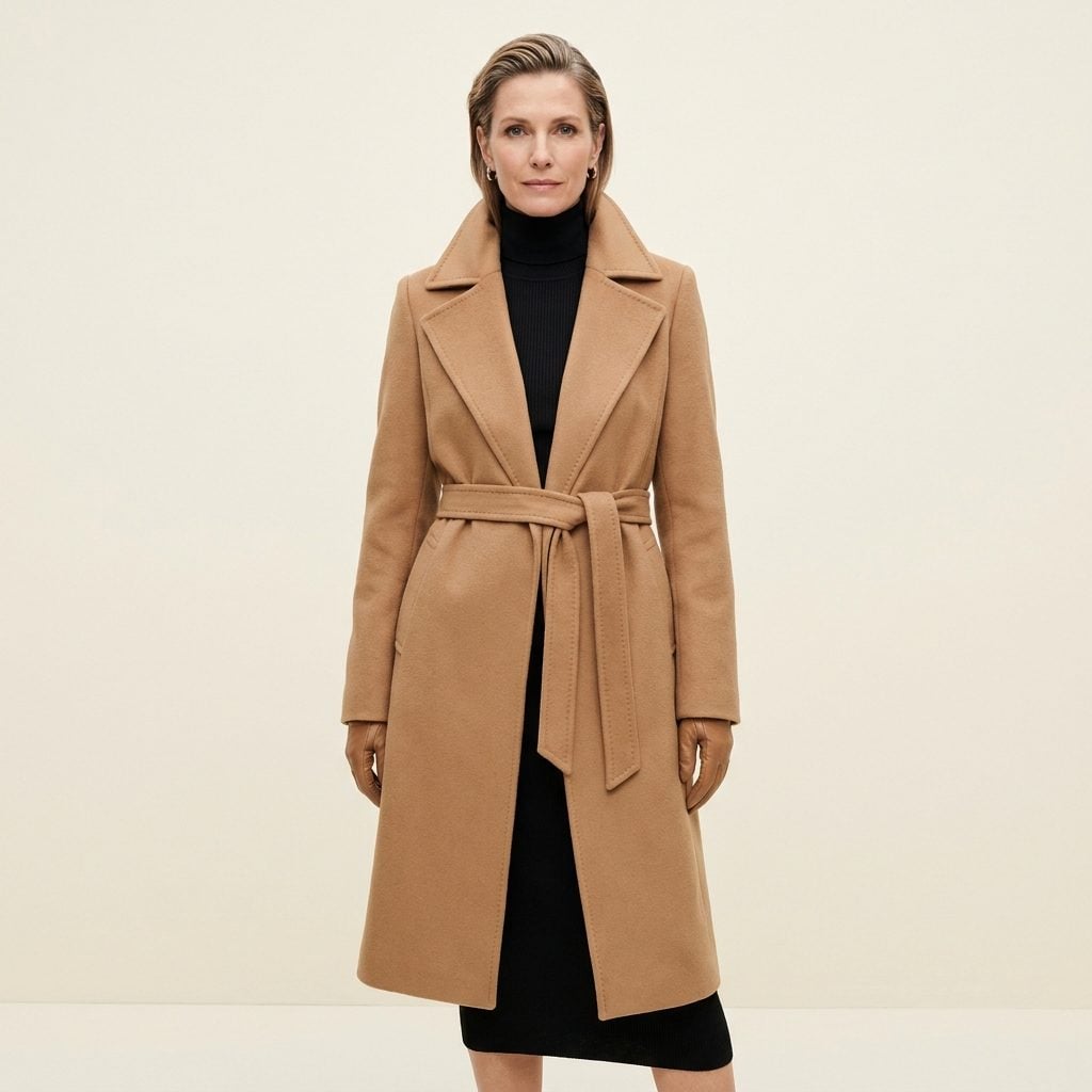 Camel Belted Coat Framing a Black Knit Column