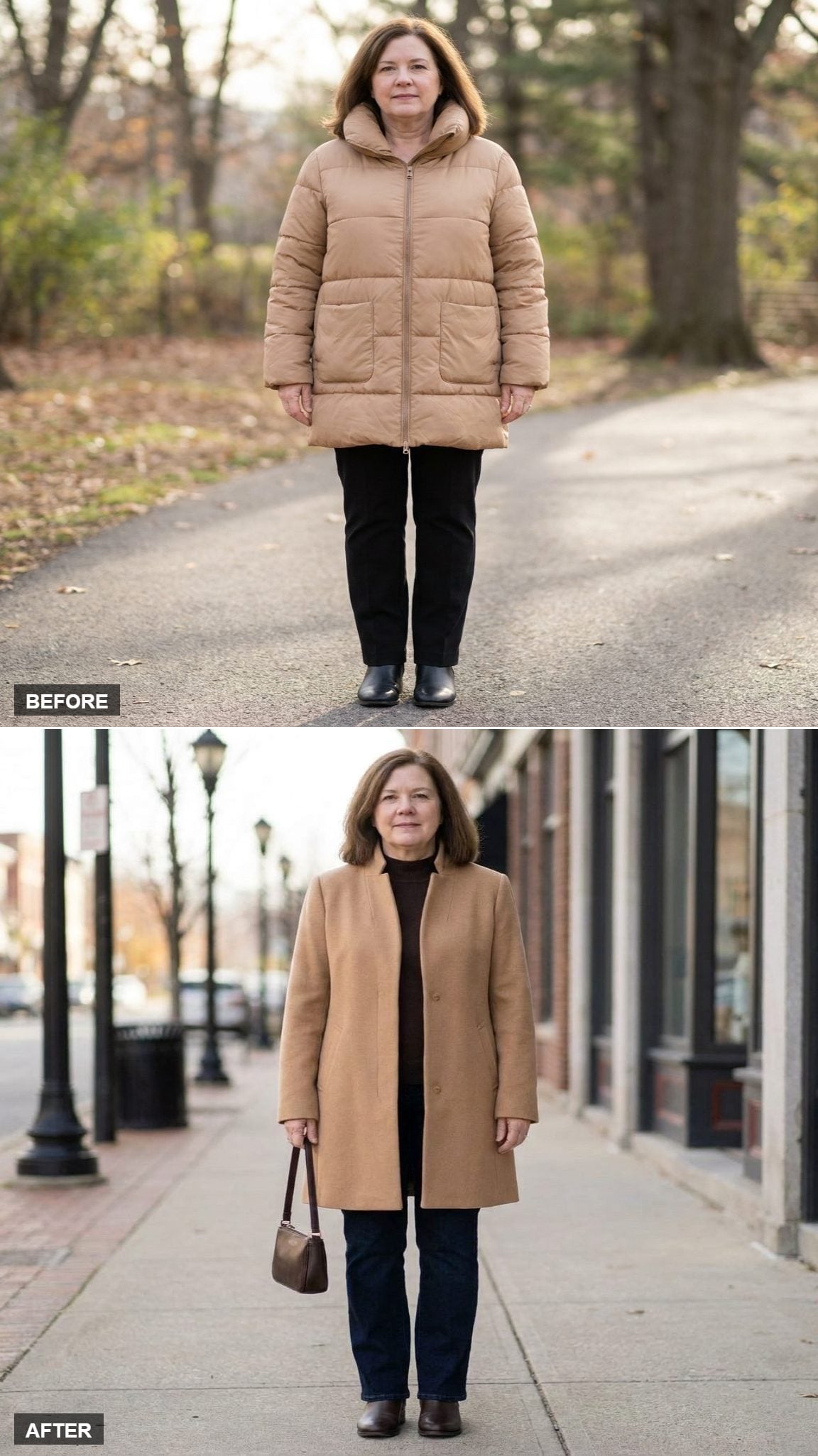 Camel Car Coat, Espresso Mock-Neck, and Dark Bootcut Jeans on a Historic Downtown Sidewalk