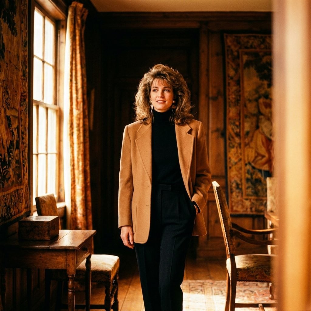 Camel tailored jacket over a black turtleneck and black trousers