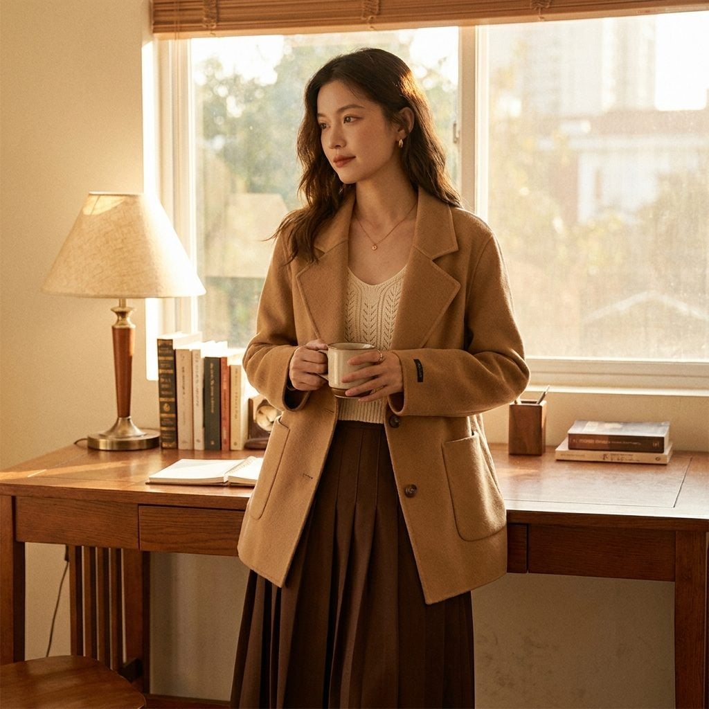 Camel Jacket Over a Chocolate Pleated Skirt and Cream Shell