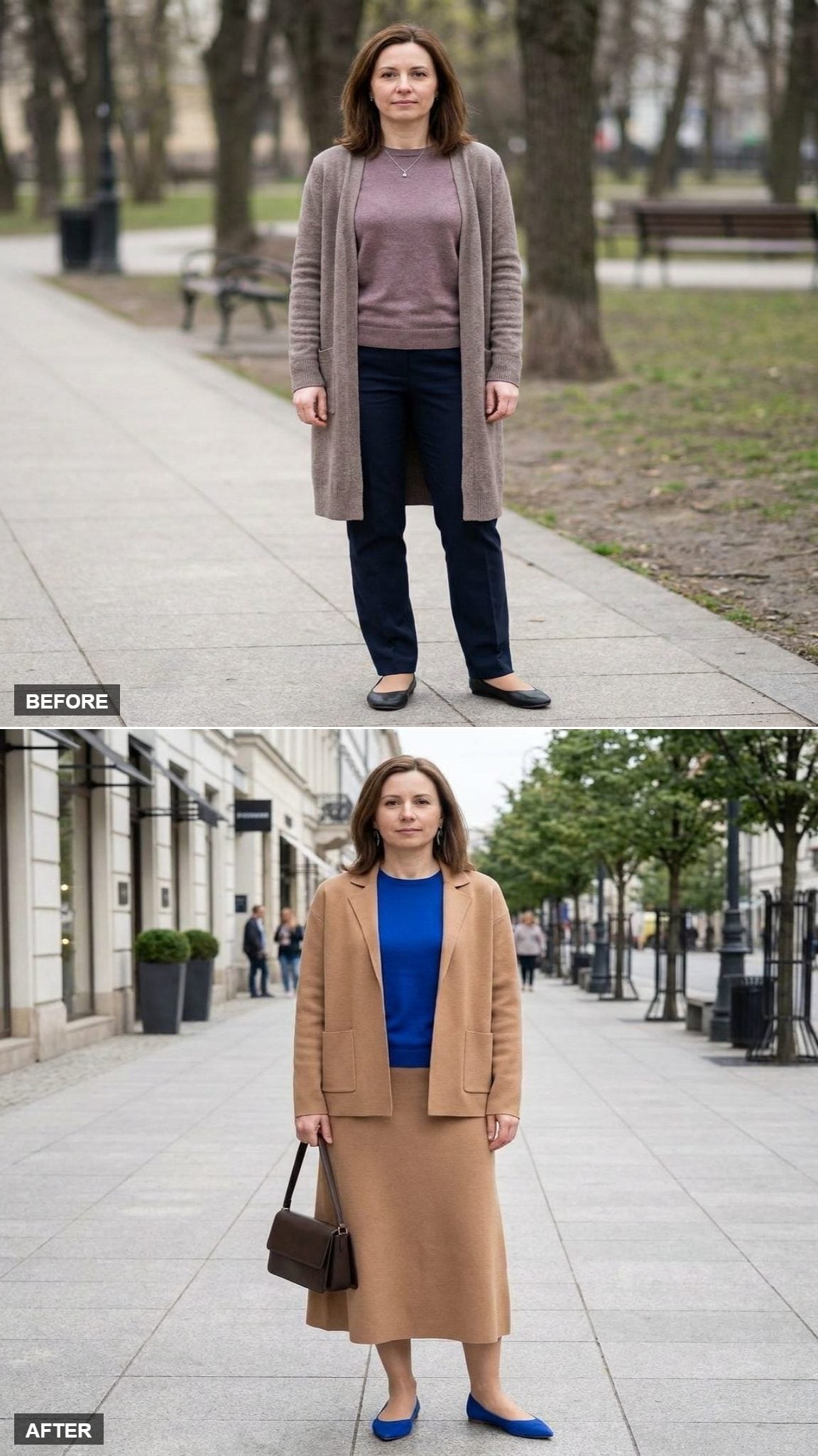 Camel Knit Jacket, Cobalt Shell, and Pointed Flats That Actually Command a Room