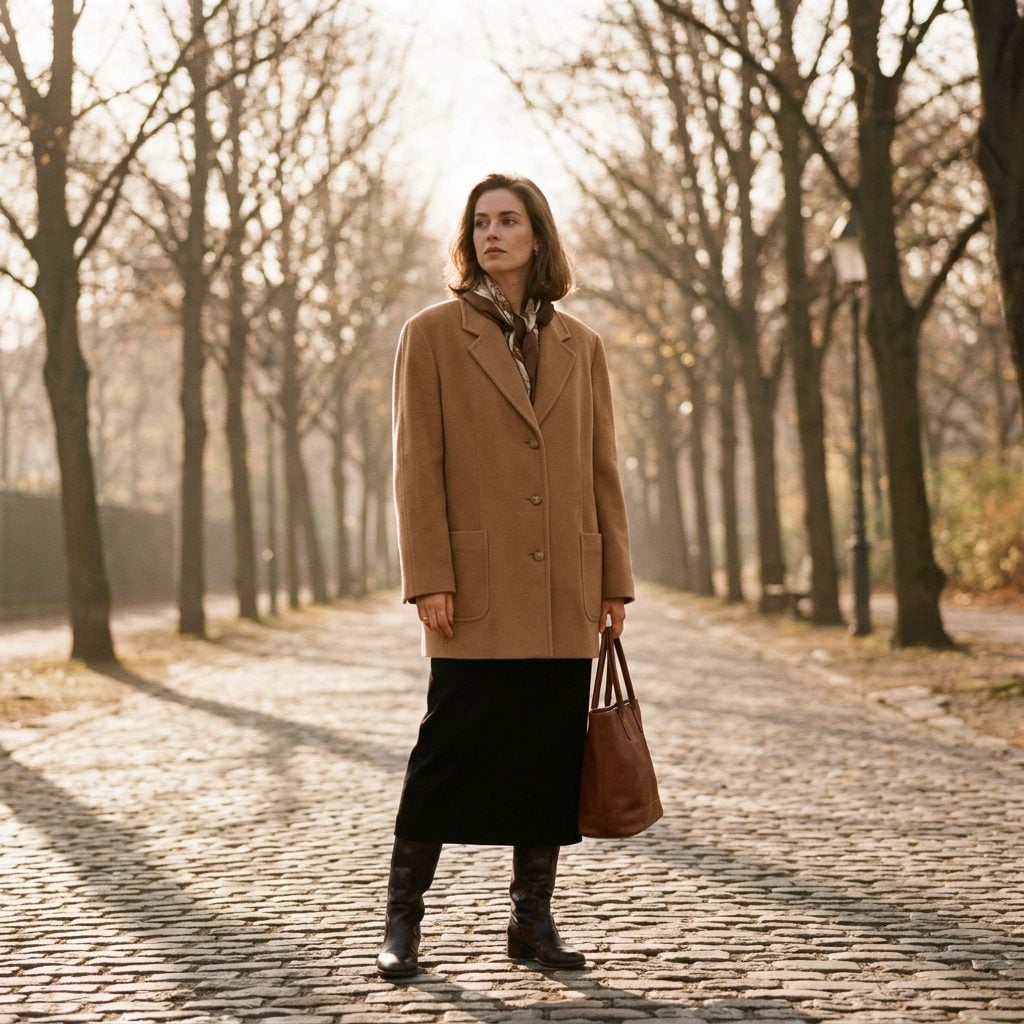 The Camel Longline Jacket Over a Black Straight Skirt