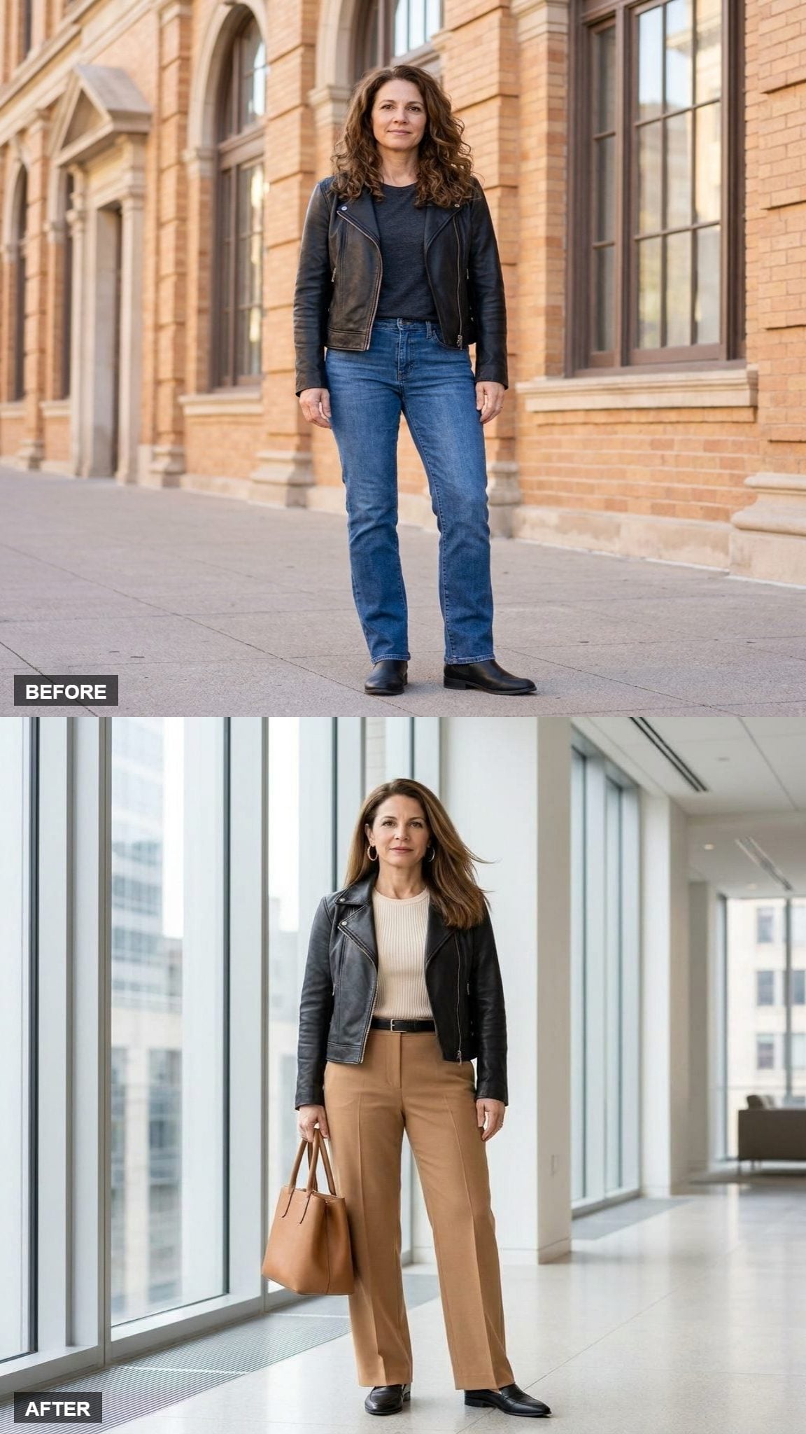 Camel Trousers and a Moto for the Woman Who Runs the Meeting