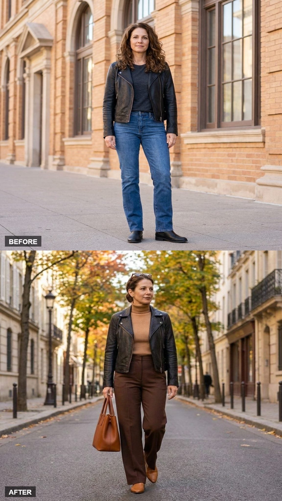 Camel Turtleneck, Chocolate Trousers, and the Moto Slung Loose