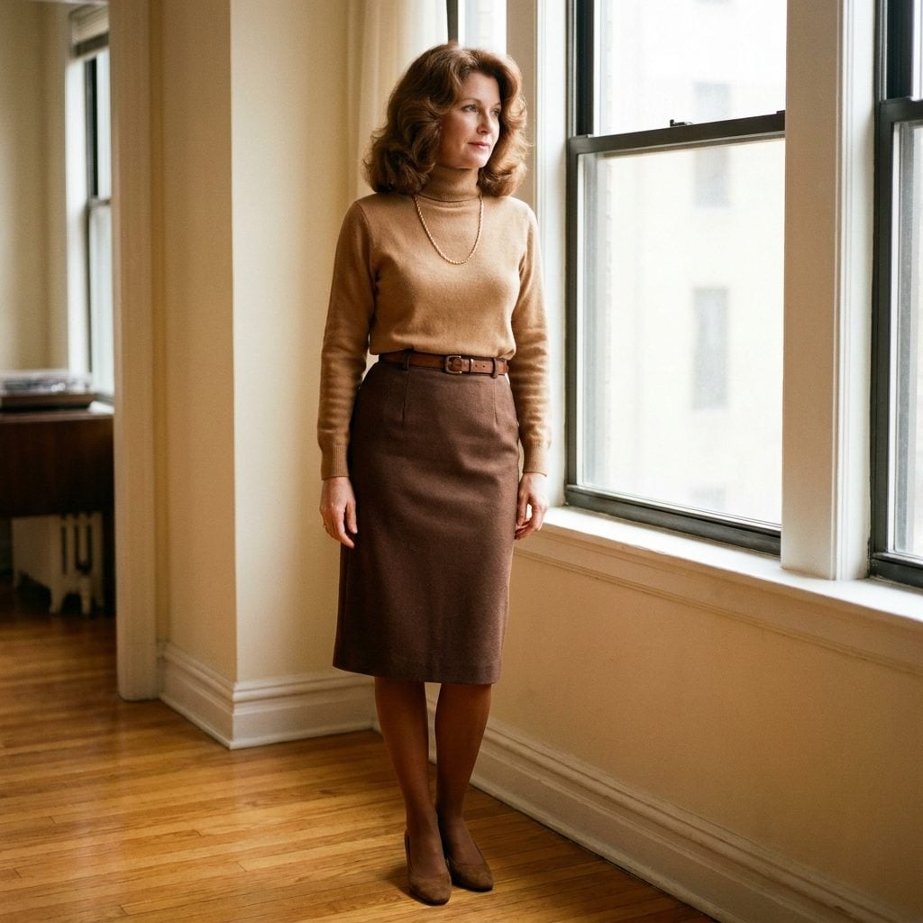 Camel Turtleneck Tucked Into a High-Waisted Chocolate Pencil Skirt