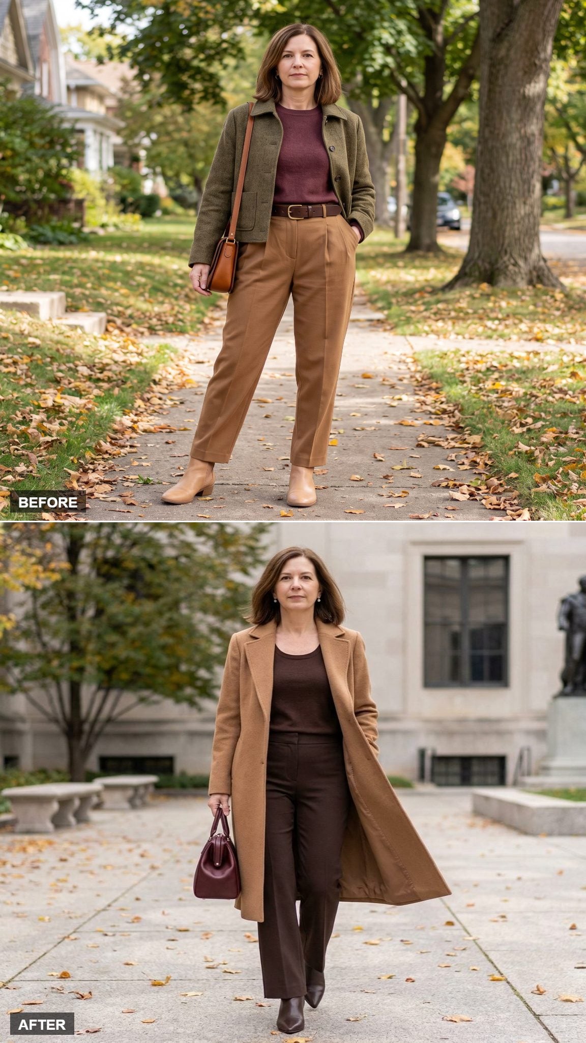 Camel Wool Coat Over a Chocolate Merino-and-Espresso Column With Pearl Studs