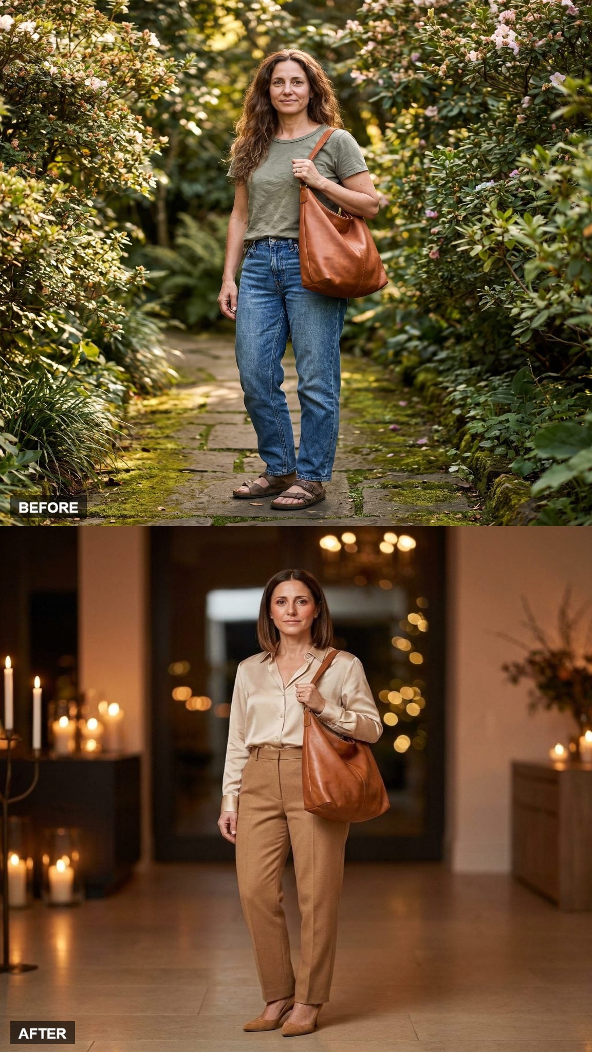 Champagne Silk Blouse and High-Waisted Wool
