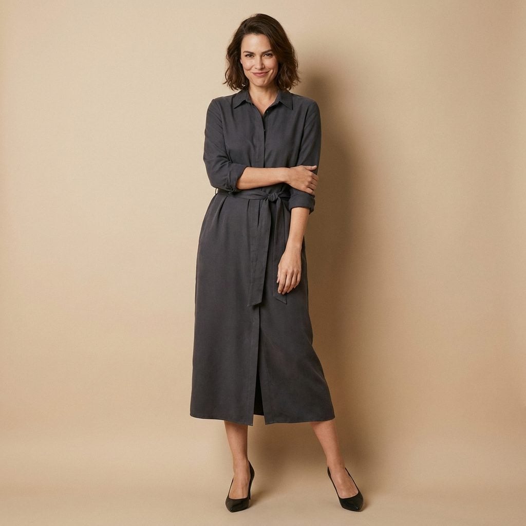 Charcoal Belted Shirt Dress With Black Pumps