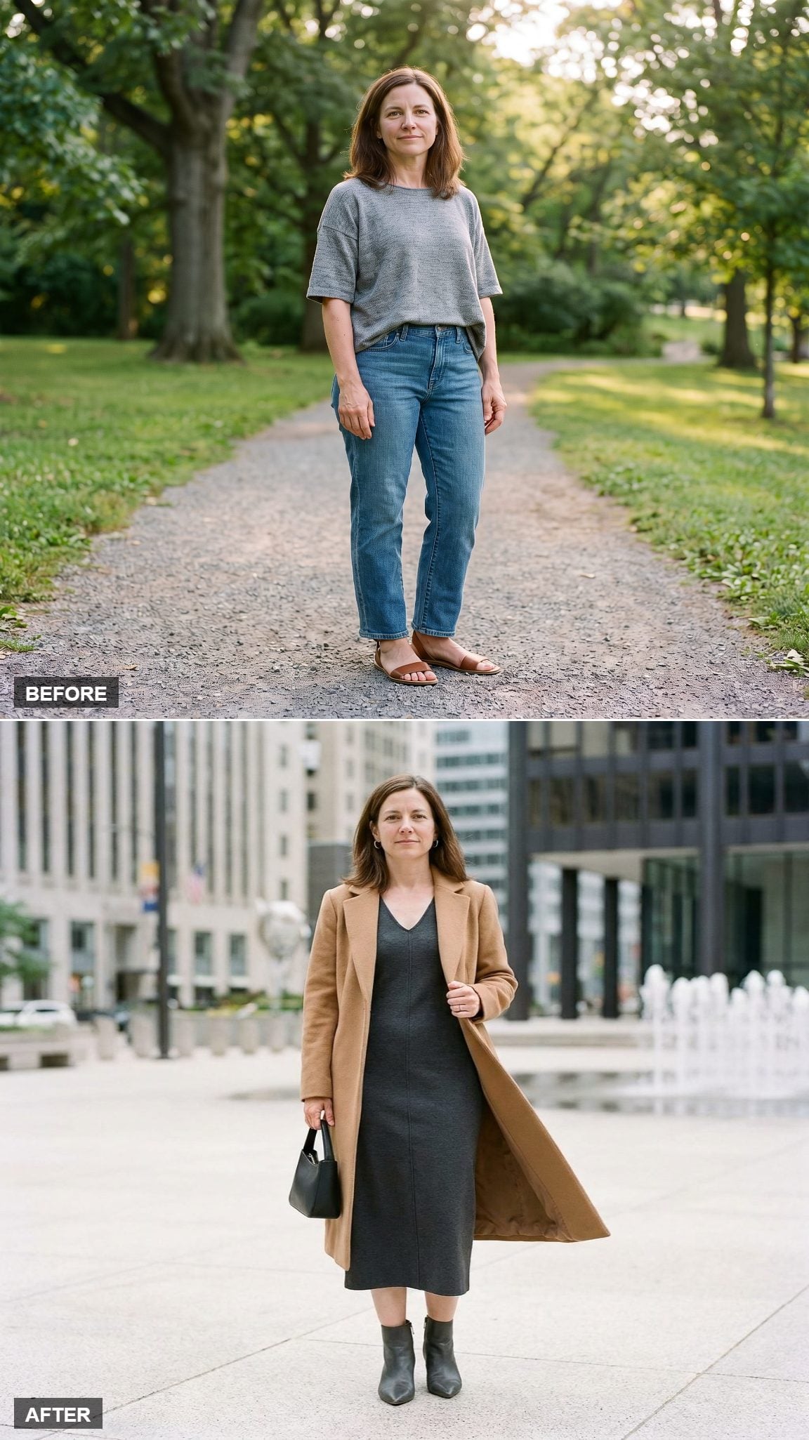 Charcoal Column Dress Framed by a Long Open Camel Coat That Creates Two Vertical Lines Instead of One