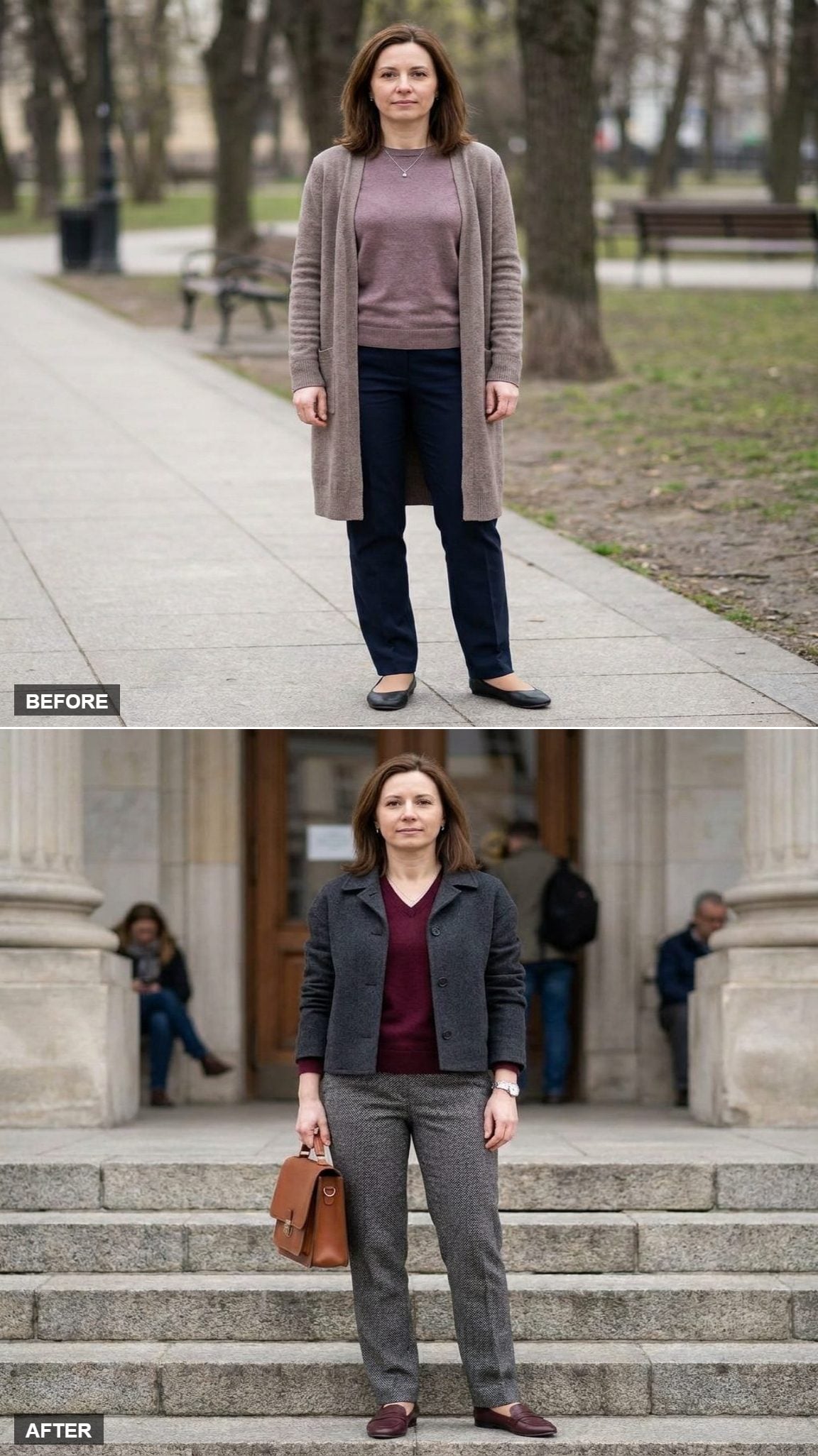 Charcoal Herringbone Trousers, Burgundy V-Neck Knit, and Burgundy Loafers at a Library Entrance