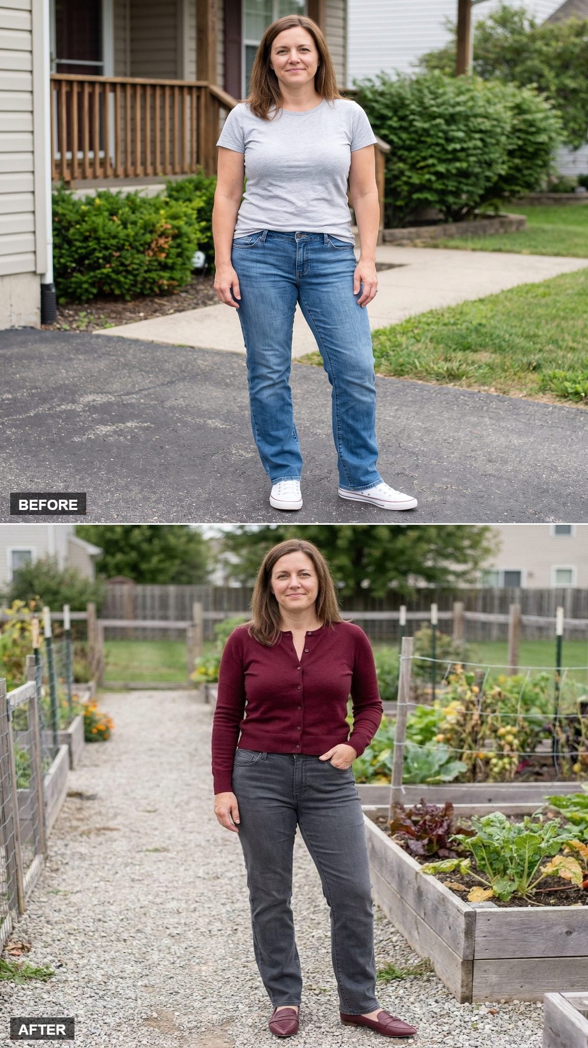 Charcoal High-Rise Straight Jeans, Wine-Red Cardigan, and Burgundy Loafers Against a Community Garden Path