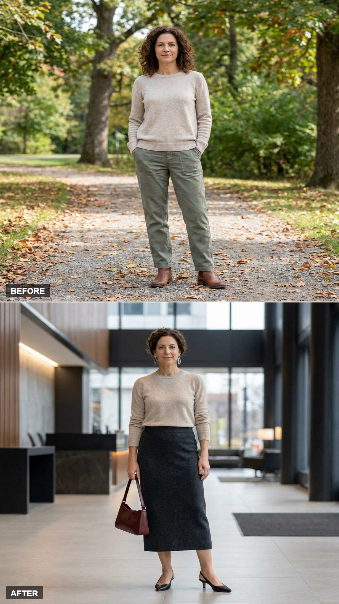 Charcoal Knit Column Skirt + Black Slingback Kitten Heels Give the Crewneck Office Architecture