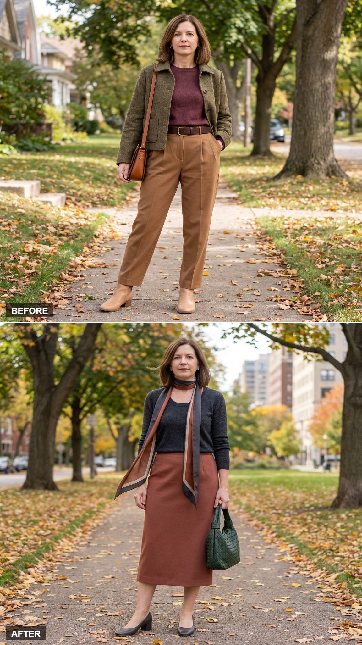 Charcoal Knit, Muted-Rust Midi, and a Long Silk Scarf That Creates Vertical Movement Without Touching the Waist