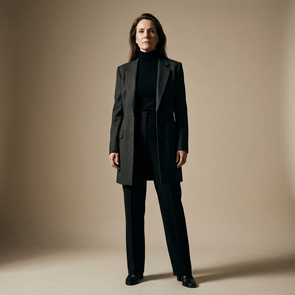 Charcoal Longline Blazer, Black Turtleneck, and High-Waisted Trousers