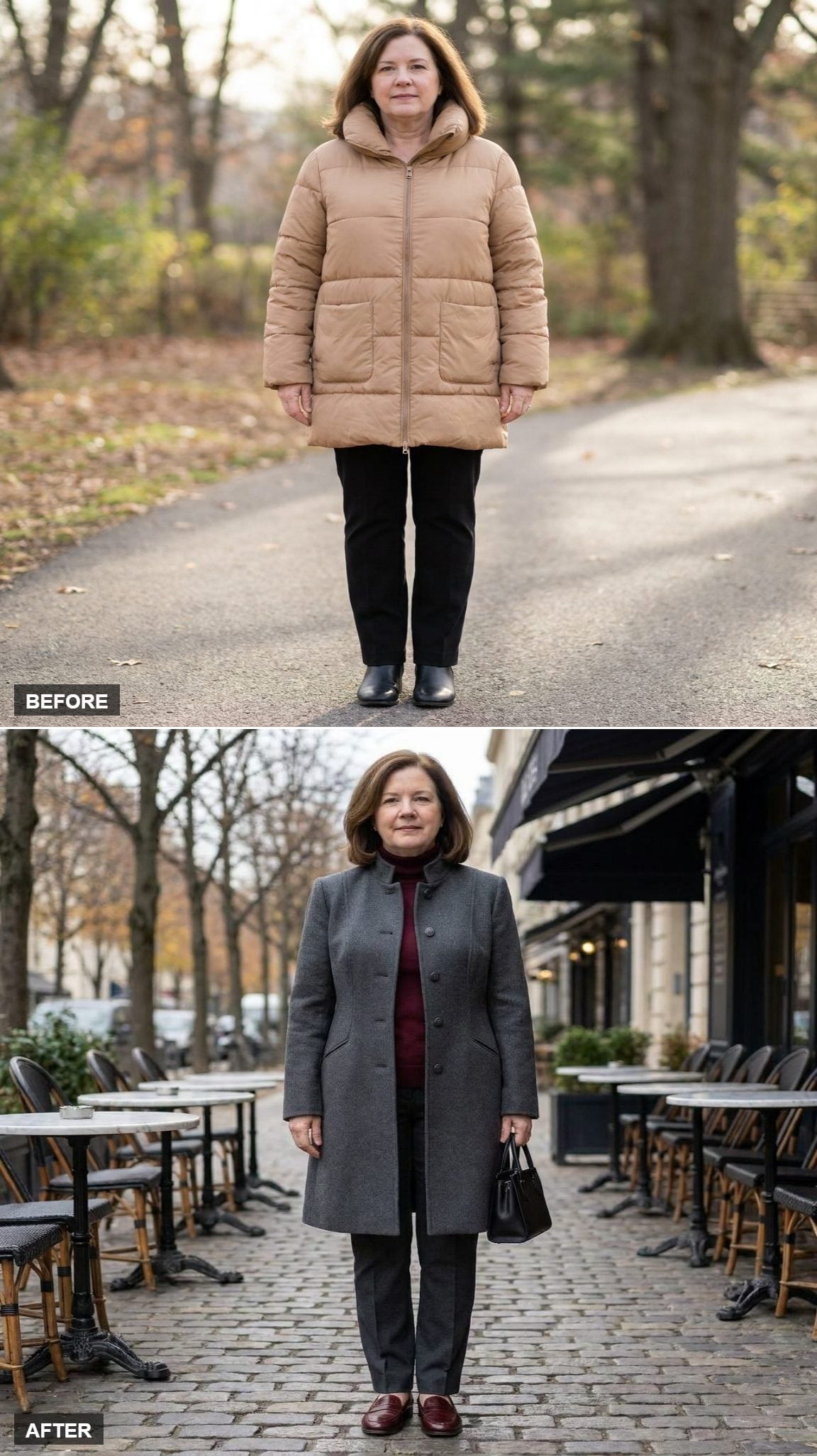 Charcoal Military Melton-Wool Coat, Wine Turtleneck, and Oxblood Loafers at a Café Terrace