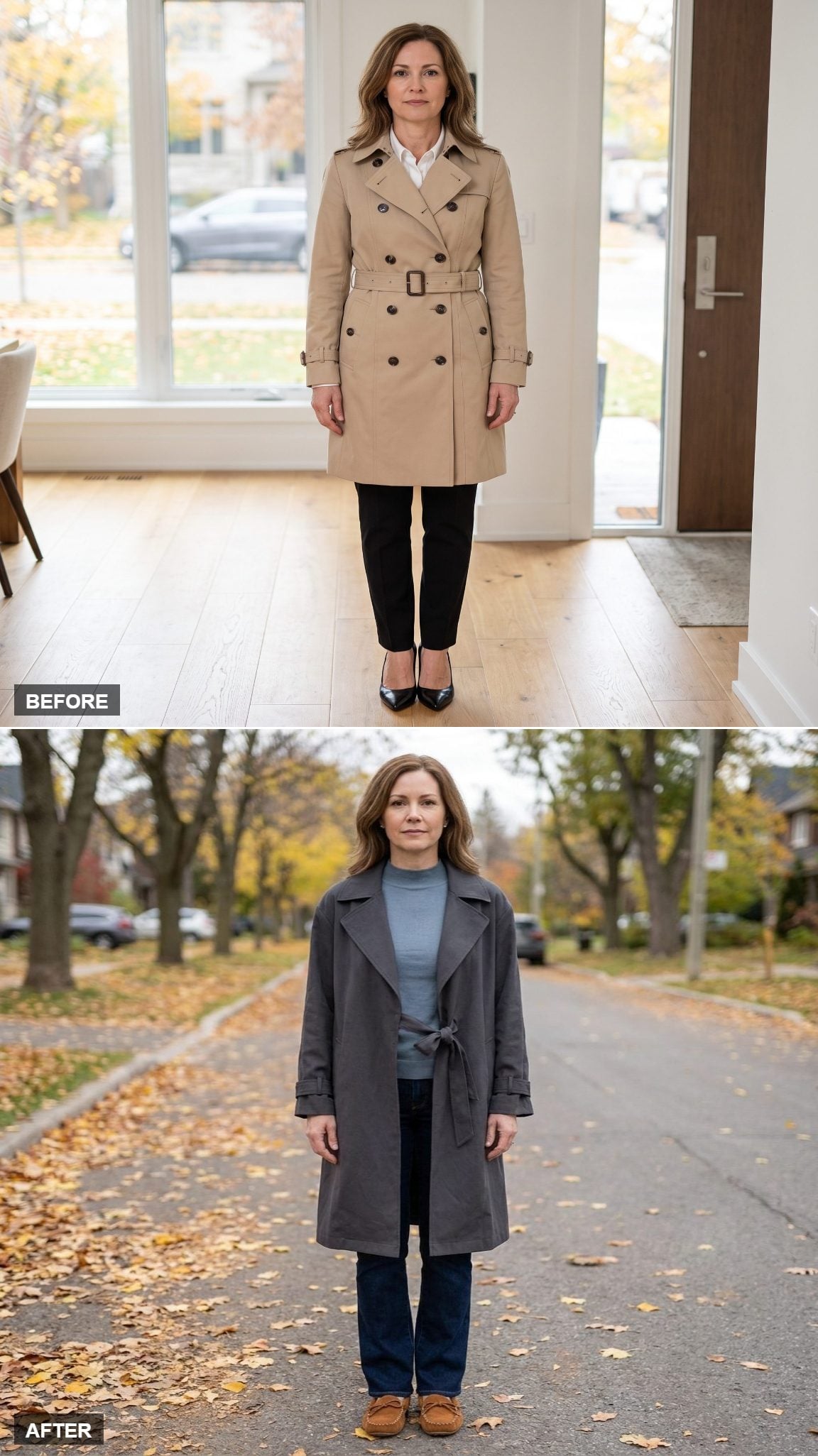 Charcoal Oversized Trench Soft-Knotted Over Dusty-Blue Mock-Neck Knit With Bootcut Denim and Chestnut Suede Moccasins