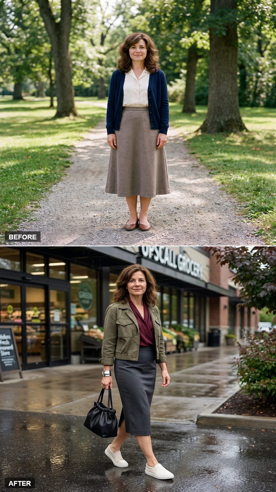 Charcoal Pencil Midi, Burgundy Draped Blouse, and Olive Field Jacket After the Rain