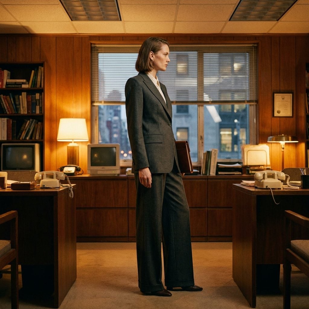Charcoal pinstripe skirt suit with an ivory blouse