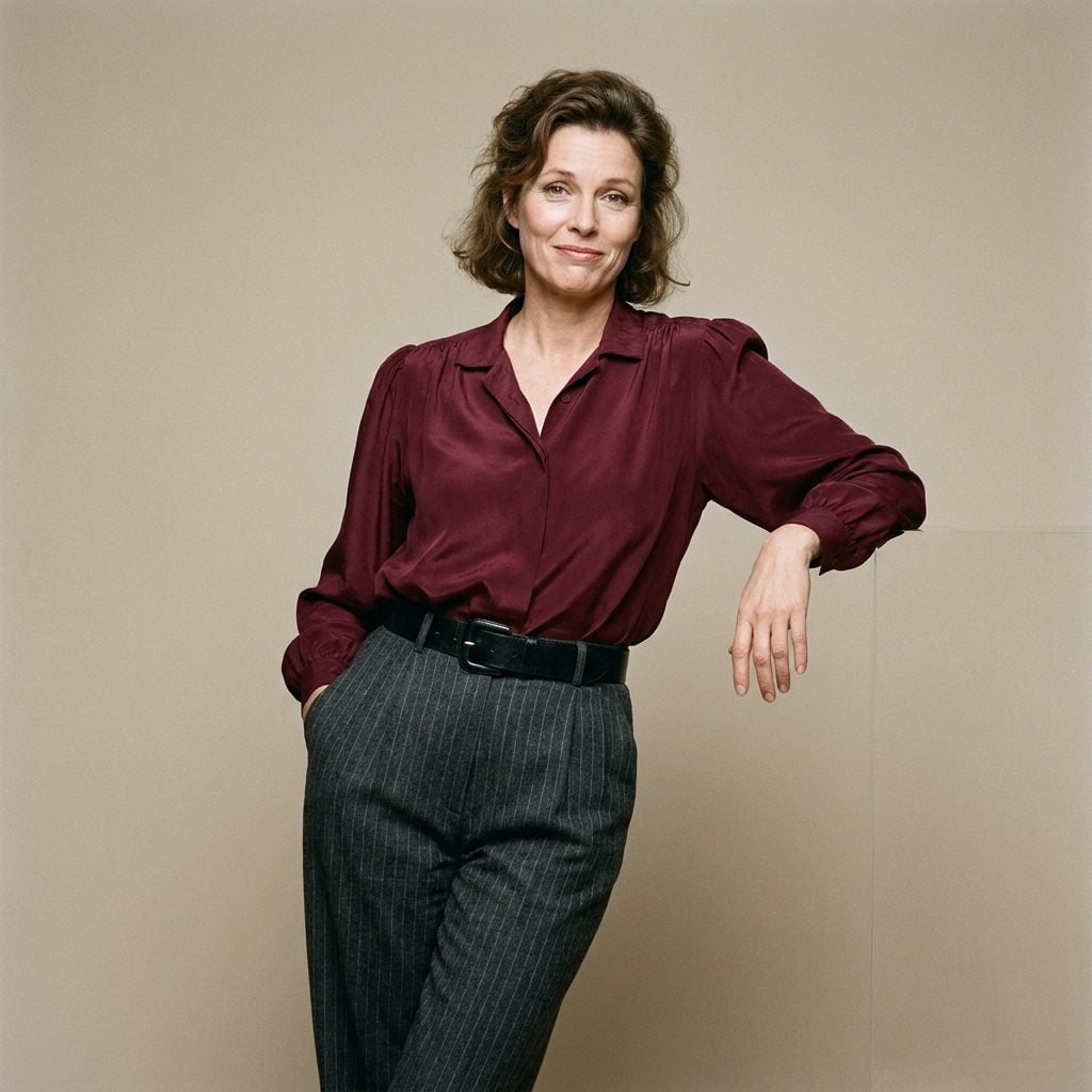 Charcoal Pinstripe Trousers with a Burgundy Blouse and Black Belt
