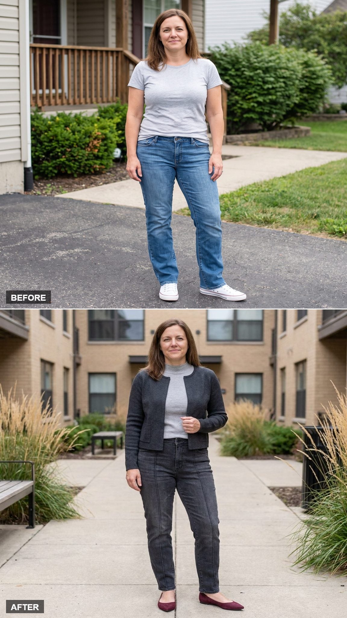 Charcoal Pintuck Cigarette Jeans and an Open Collarless Jacket Create Four Vertical Lines at Once