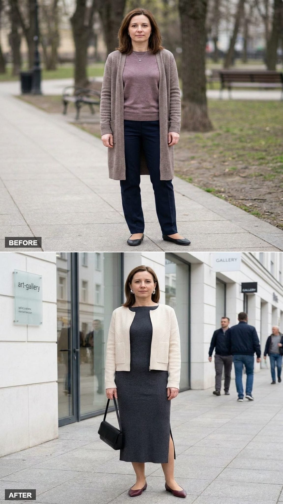 Charcoal Ribbed Knit Column Dress with Cream Jacket and Burgundy Flats at a Gallery Exterior