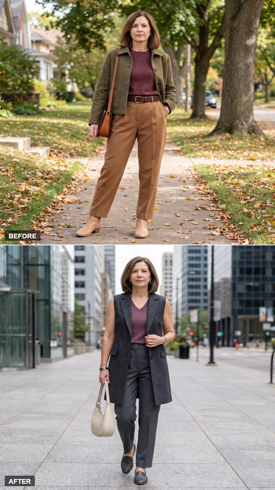 Charcoal Tailored Vest Over Plum Knit and Graphite Trousers, Two Vertical Lines Do the Work
