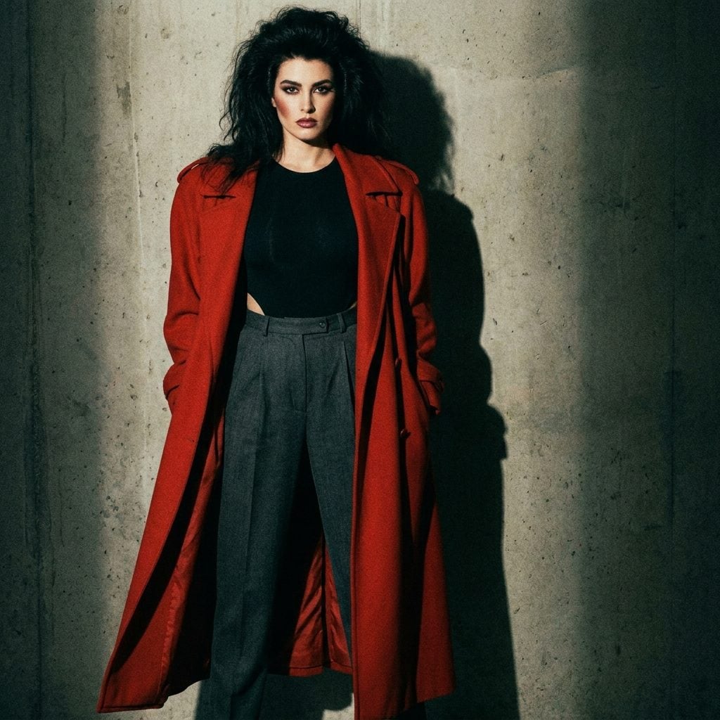 Long red jacket over a black bodysuit and charcoal tapered trousers