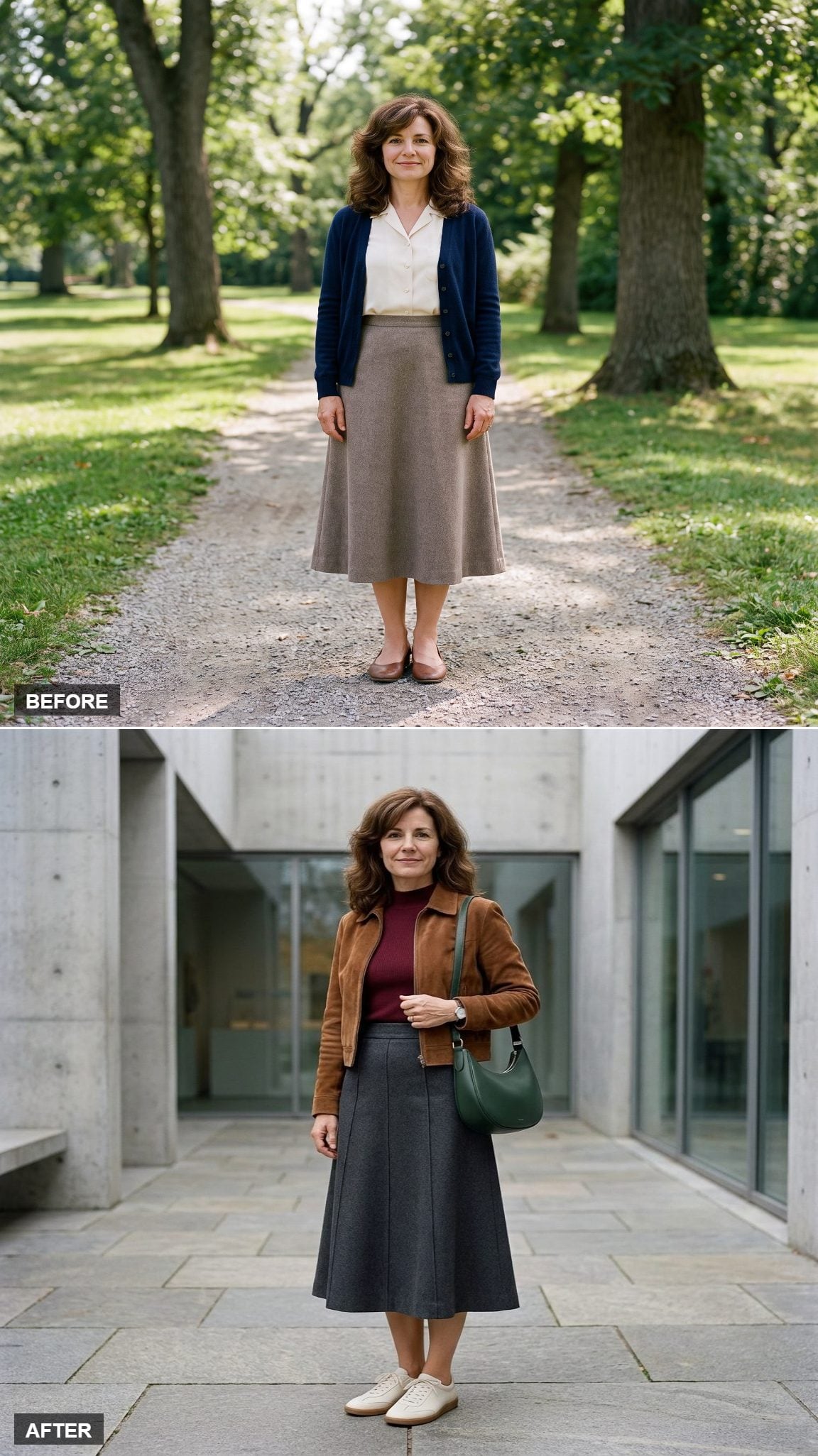 Charcoal Wool A-Line Midi with a Cherry Mock Neck, Tobacco Suede Jacket, and Ivory Sneakers