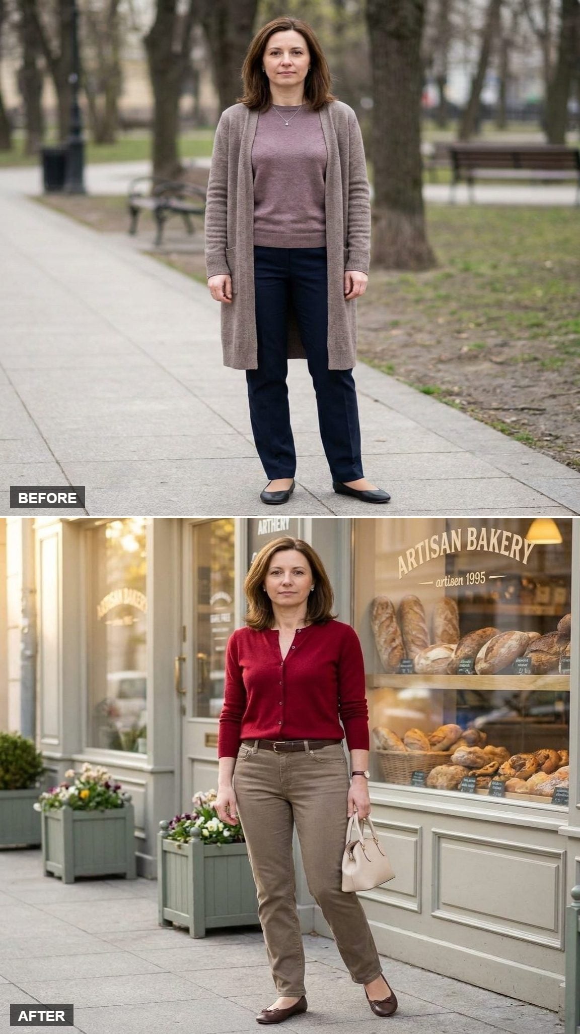 Cherry-Red Fine-Knit Cardigan Buttoned as a Top with Dark-Ecru Jeans and a Chocolate Belt Outside a Bakery