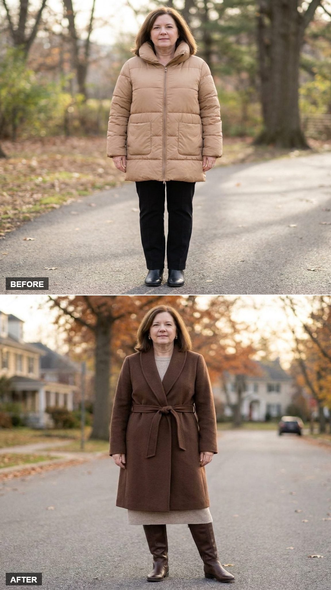 Chocolate Belted Wrap Coat on a Tree-Lined Autumn Street