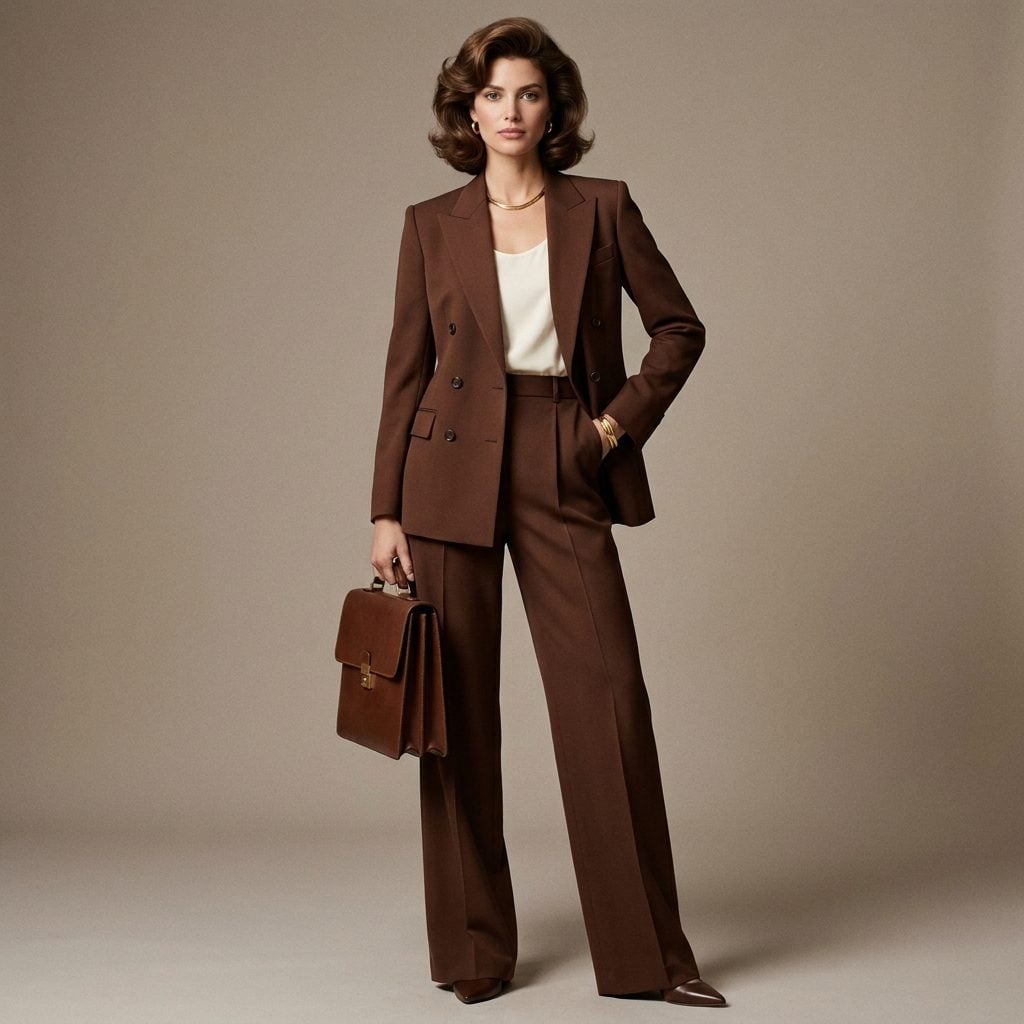 The Chocolate-Brown Trouser Suit Over an Ivory Shell