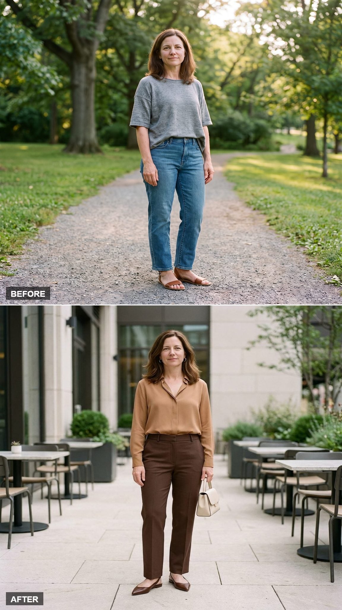 Chocolate Column Trousers, a Camel Open-Collar Blouse, and the Center Crease That Changes Everything