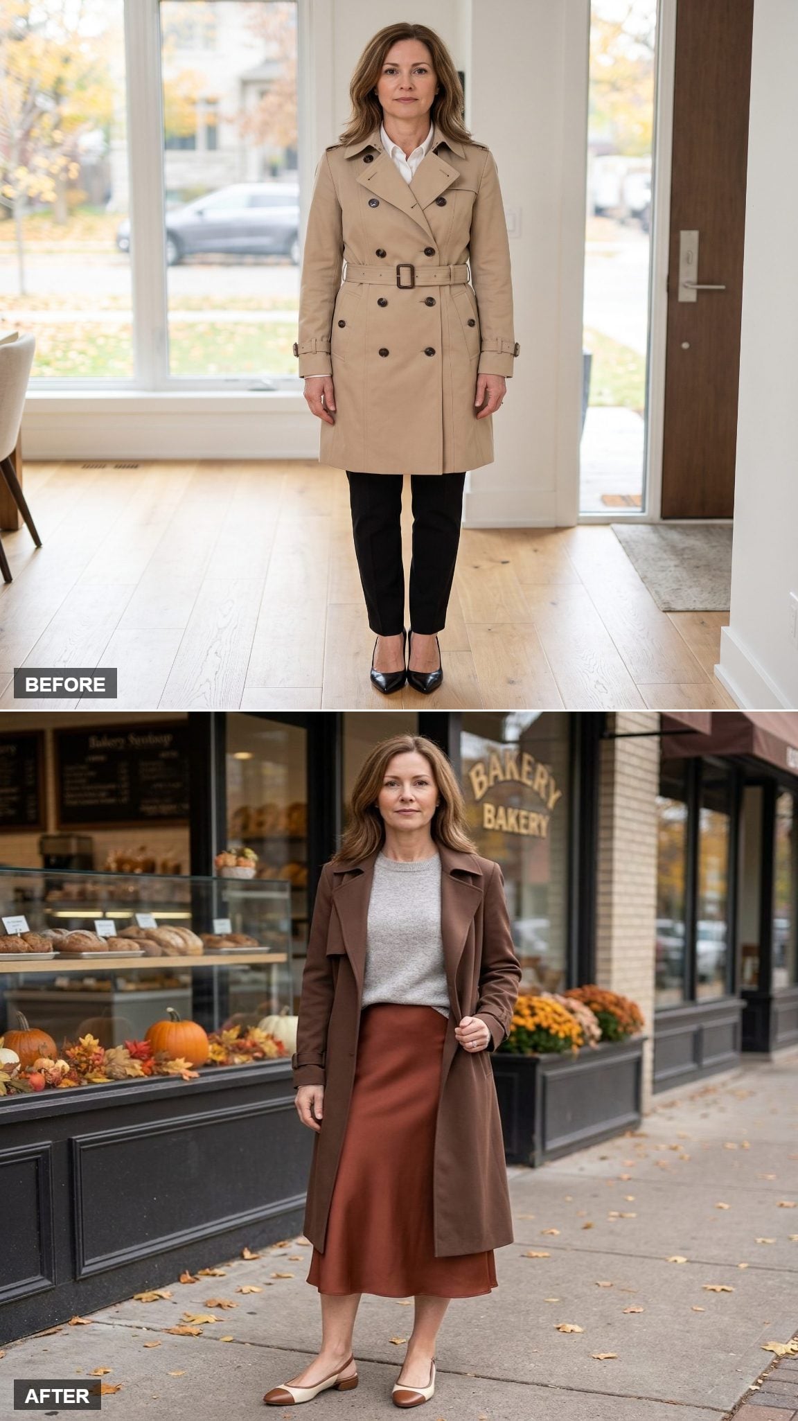 Chocolate Fluid Trench With Gray Crewneck Knit, Rust Satin Midi, and Cream Slingback Flats